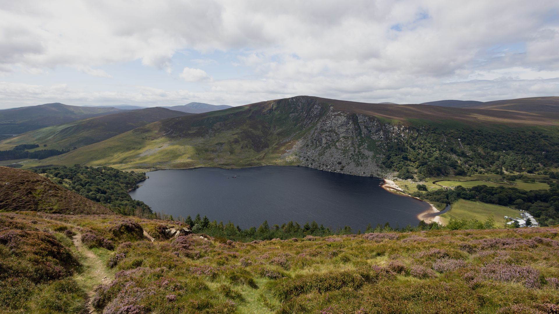 Bergmeer met heide op de voorgrond in de Wicklow Mountains, Ierland