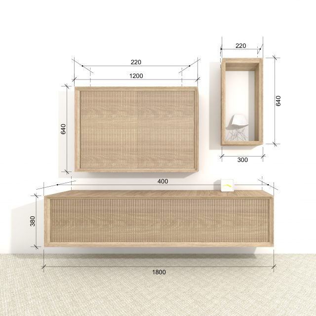 Design cabinet Hide set of 3, front view including dimensions
